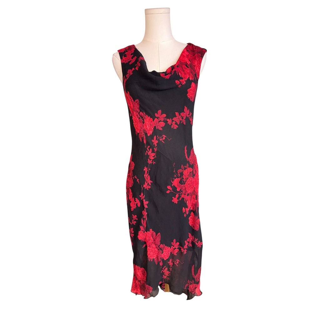 Connected Red Black Floral Cowl Neck Midi Dress Medium Sleeveless Sheath